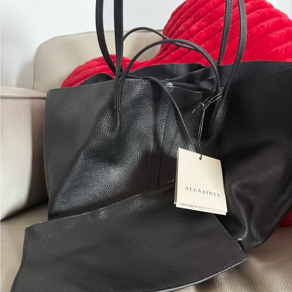 AllSaints Black Pebbled Leather Tote with removable Pouch.